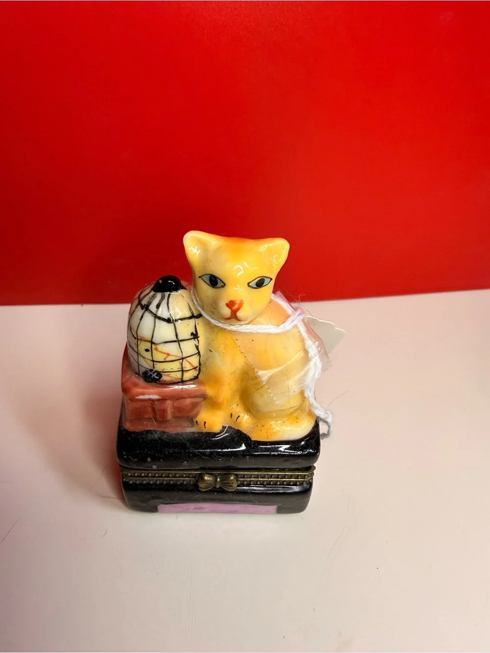 Hand-Painted Yellow Cat Trinket Box with Birdcage Trinket Box